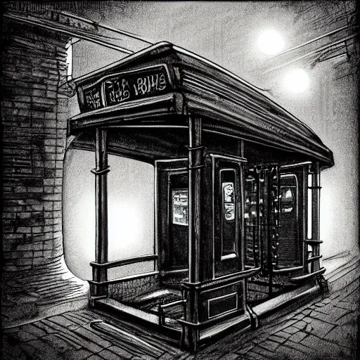 Image similar to dark city bus stop, by hp lovecraft, very detailed,ArtStation