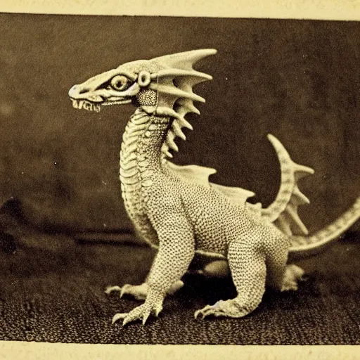 Prompt: victorian photograph of a baby dragon, highly realistic, scaly, grainy photo, blurry, creature, faded, 1 9 0 0, 1 8 8 0 s