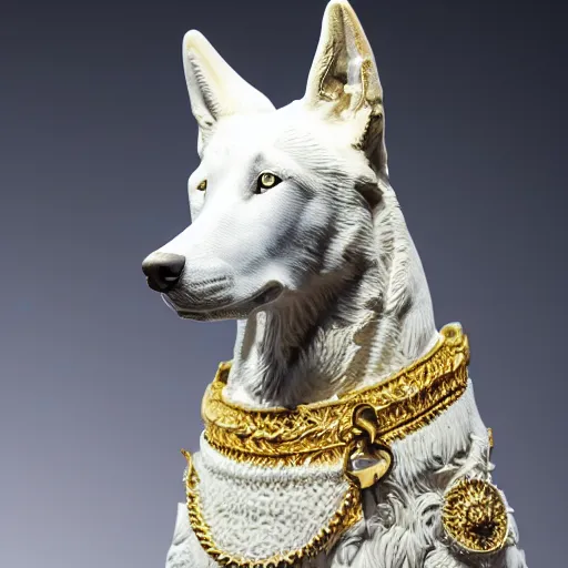 Prompt: detailed photo of a white shepherd statue made of gold, various posed, studio light, 8 k, photorealism, intricate detail, museum diffuse lighting