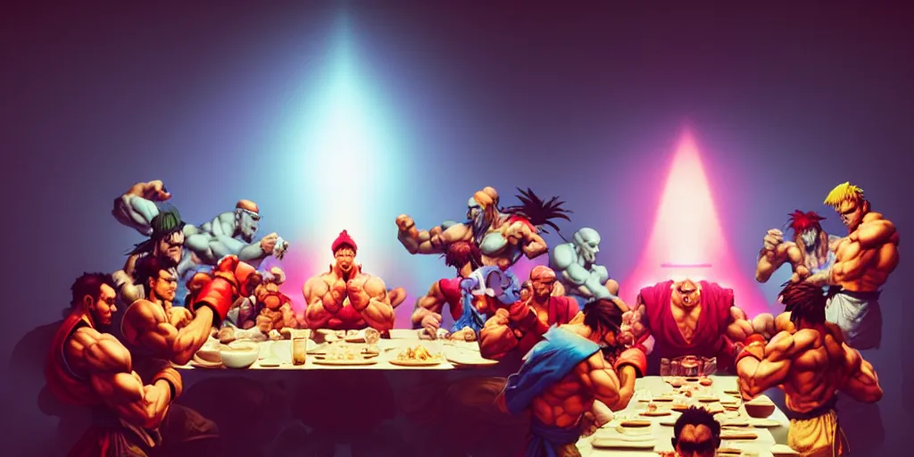 Image similar to street fighter last supper by beeple and greg rutkowski, digital painting, trending on artstation, sharp focus, 4 k