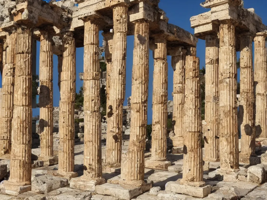 Prompt: mid air ancient greek buildings, pillars and pieces of statues falling