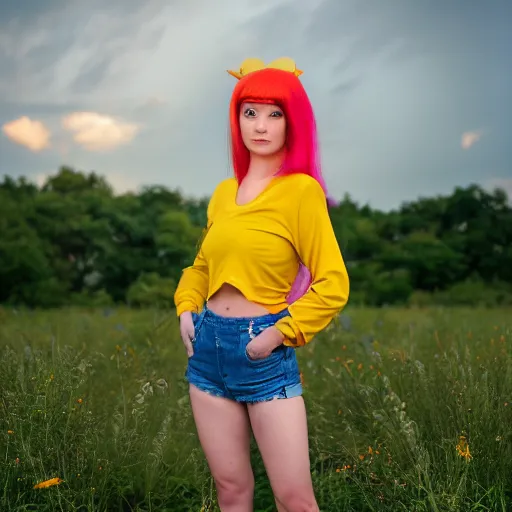 Image similar to misty from pokemon, orange hair in a side ponytail, wearing a yellow shiort sleeved crop top, blue denim short shorts with red suspenders on top, standing in a field, by gottfried helnwein, dslr full body portrait, sigma 8 5 mm f 1. 8