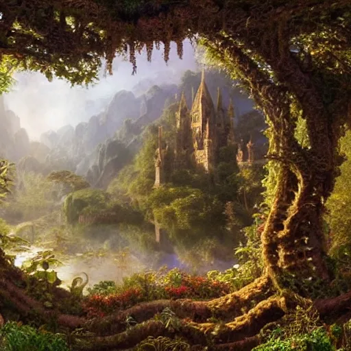 Prompt: a beautiful and highly detailed matte painting of an elven temple in a magical fantasy garden in a lush forest in the mystical mountains, celtic knots, carved runes, intricate details, epic scale, insanely complex, 8 k, sharp focus, hyperrealism, very realistic, by caspar friedrich, albert bierstadt, james gurney, brian froud,