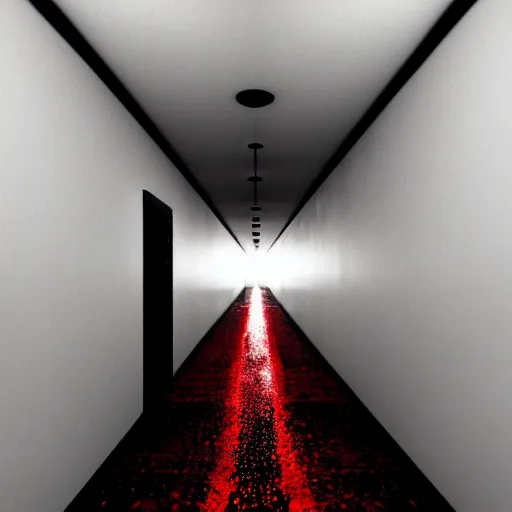 Image similar to photograph of an extremely dark narrow hallway with glowing humanoid cryptid made out of black and white static, dark deep black shadows, red and black color contrast in the style of trevor henderson, liminal space, 3 d octane render, glitch effect