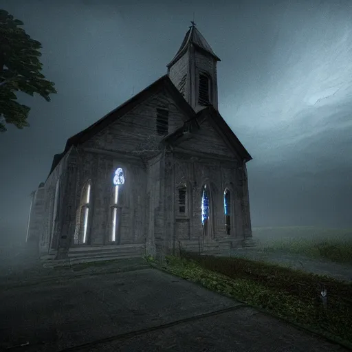 Prompt: ghotic haunted church, thunderstorm, scary ambiance, fog, cinematic, unreal engine