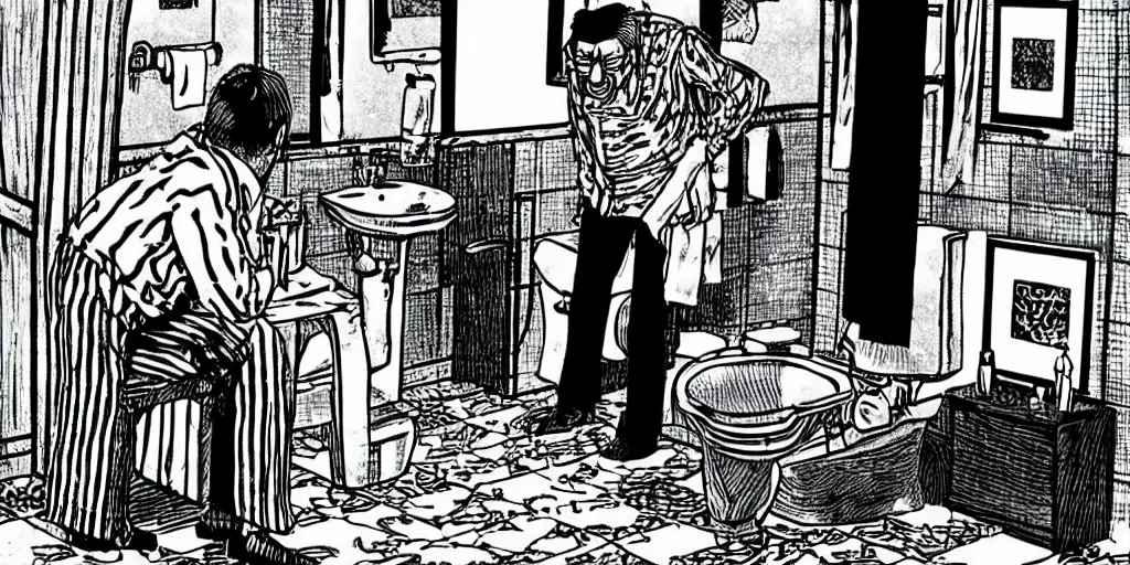 Prompt: An old man in his 80’s with a cane falls on the floor in a toilet, by Junji Ito