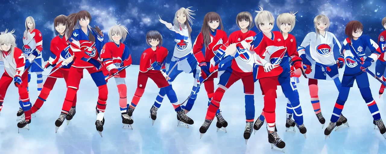 Image similar to females akira anime ice hockey players, wearing a light futuristic suit, habs and nordiques jerseys, blue white and red color blocking, character concept exploration, outfit designs, trending on artstation, photorealistic, 8k, background of vast ice rink tv crews and crazy crowd