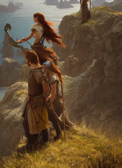 Prompt: a viking couple standing on the edge of a cliff, highly detailed, digital painting, artstation, concept art, sharp focus, illustration, art by greg rutkowski and alphonse mucha