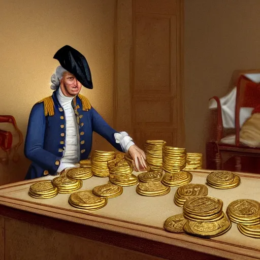 Image similar to a closeup photorealistic photograph of a happy George Washington inspecting small gold Doubloon coins at his home on Cherry Street. This 4K HD image is Trending on Artstation, featured on Behance, well-rendered, extra crisp, features intricate detail and the style of Unreal Engine.