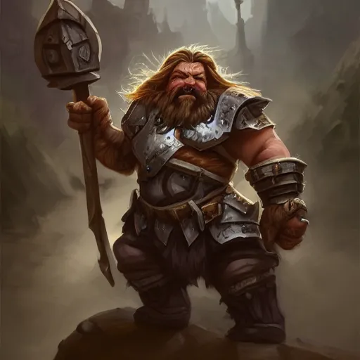 Image similar to dwarf in heavy armor holding a large warhammer and riding a boar mount, highly detailed, digital painting, artstation, concept art, matte, sharp focus, illustration, hearthstone