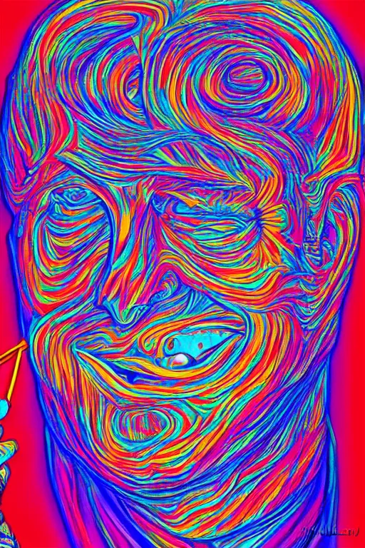 Image similar to psychedelic portrait of trump drinking ayahuasca in a wormhole, by alex gray, psychedelic