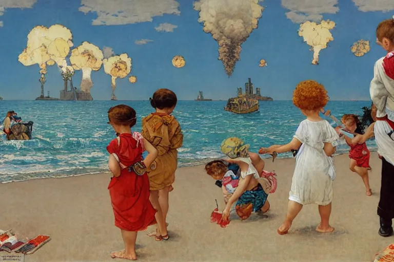 Image similar to kids playing at the beach, huge atomlc explosion in the background, wide angle lens, detailed, by norman rockwell, by mattias adolfsson, by alphonse mucha, oil on canvas,