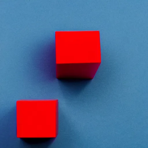 Prompt: ( ( red cube ) high, top, up ), ( ( blue cube ) low, under, down ), separated by a gap