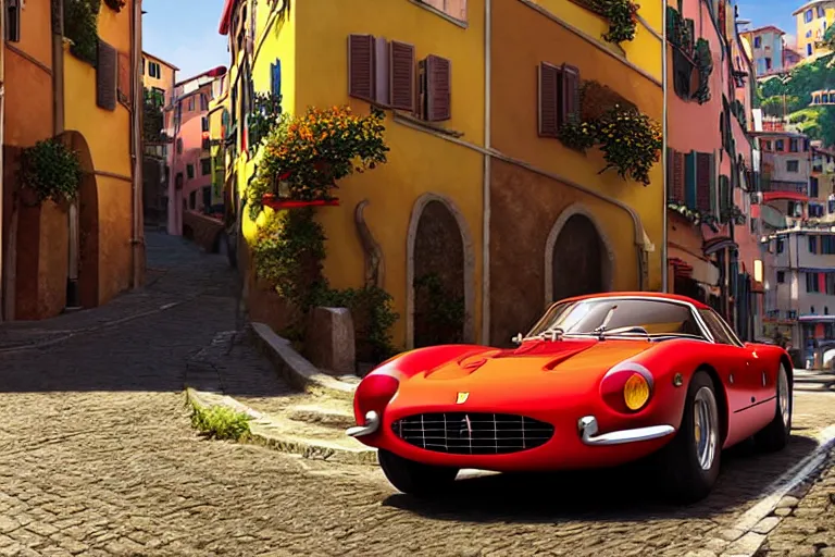 Image similar to a wholesome animation key shot of!! one!! focused!! ferrari 2 5 0 gt!! in beautiful cinque terre italian street, medium shot, studio ghibli, ( pixar ) and disney animation, sharp, very detailed, high resolution, rendered in unreal engine 5, anime key art by greg rutkowski, bloom, dramatic lighting