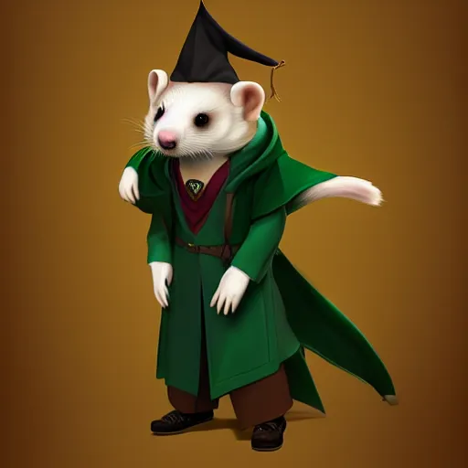 Image similar to a anthropomorphic ferret is dressed as a hogwarts student in slytherin robes, hyperdetailed, artstation, cgsociety, 8 k