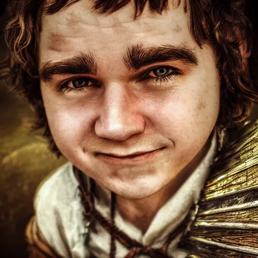 Image similar to realistic portrait of a halfling male, happy, bard, short hair, lute, intricate details, cinematic, photo, fantasy, medieval