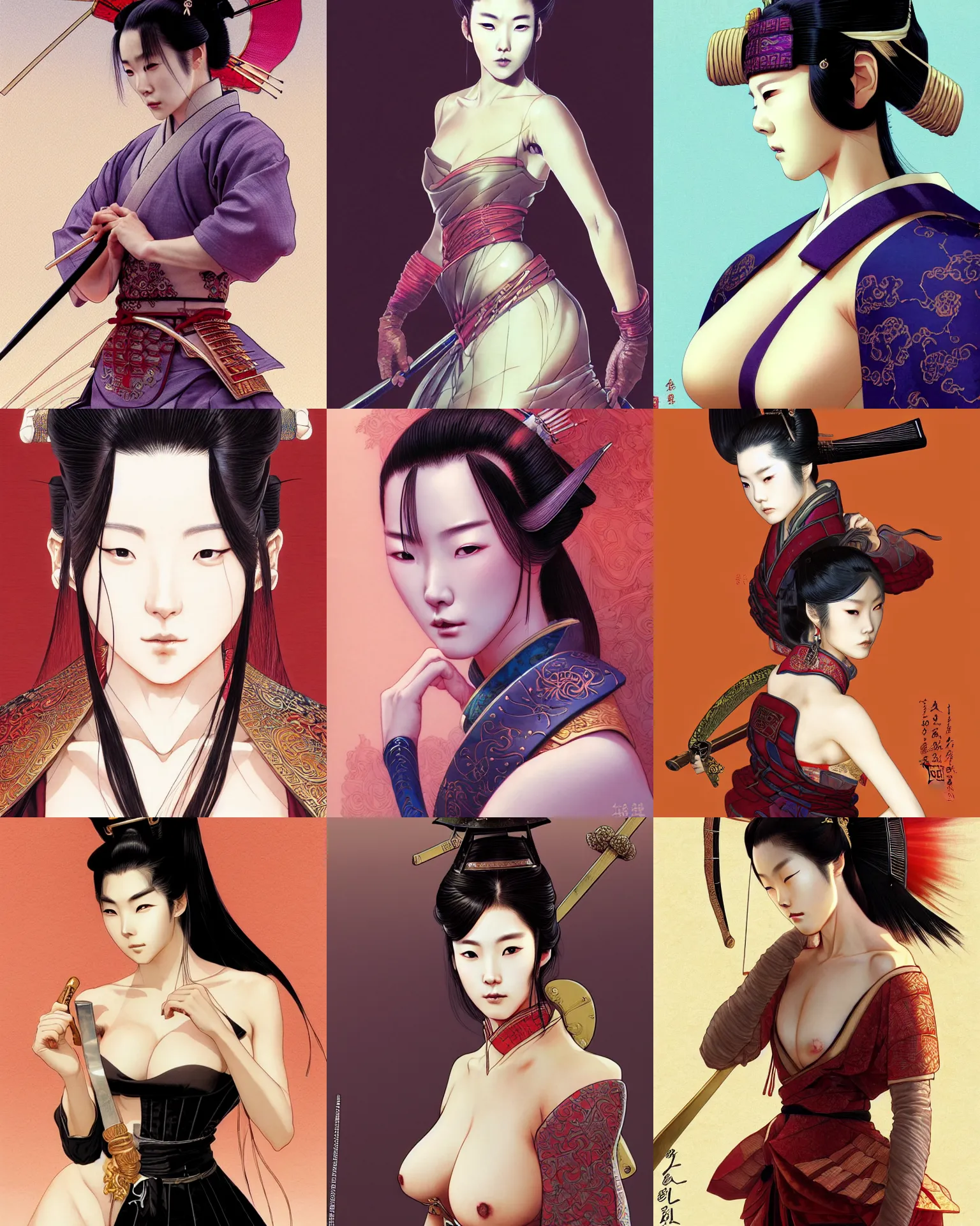Prompt: close - up of luxurious samurai lee jin - eun in a seductive dress, by amano yoshitaka, marc simonetti, jean giraud, martine johanna, josan gonzalez, beautiful, smooth, sharp focus, clean details, hot,
