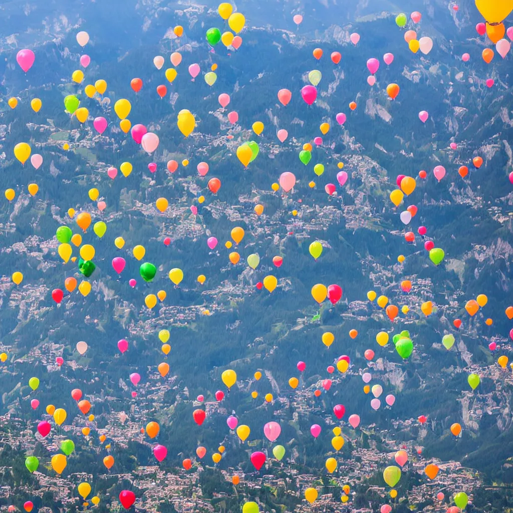 Prompt: sky parade of colorful zeppelins and balloons flying over swirling dolomites, birds eye view, casting shadows, light rays