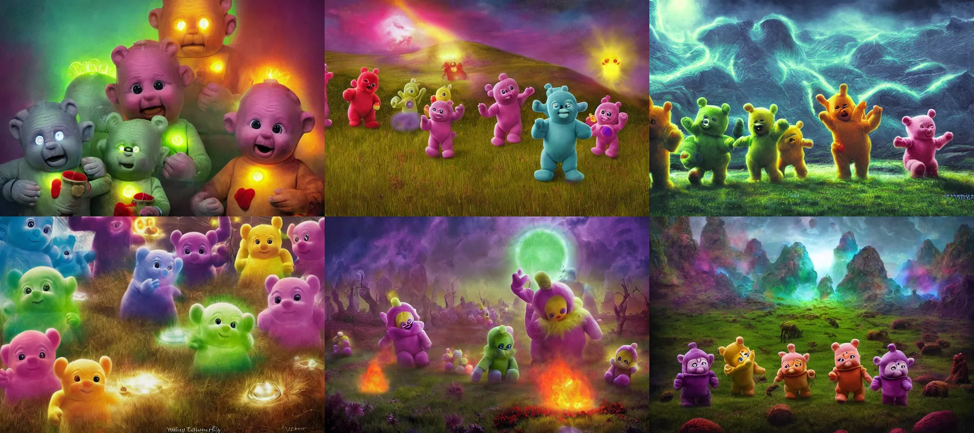 Prompt: highly detailed elden ring portrait photo of the teletubbies care bears tormenting the souls of the damned in in a scenic dystopian hell environment, hyperrealistic illustration by william didier - pouget