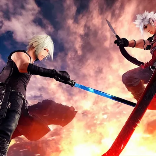 Prompt: Dante from Devil May Cry 5 and Cloud Strife from Final Fantasy VII Remake fighting each other with their swords, fantasy, shot on iphone, hyperrealism 8k,