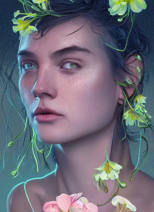 Image similar to portrait of androgynous face crying, flowers neon, fibonacci, sweat drops, insane, intricate, highly detailed, digital painting, artstation, concept art, smooth, sharp focus, illustration, Unreal Engine 5, 8K, art by artgerm and greg rutkowski and alphonse mucha