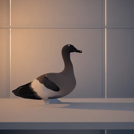 Prompt: a portrait of judgemental goose sitting on a table, close view, unreal, cinema 4d render, Ray tracing reflection, studio light