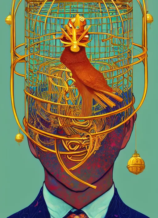 Image similar to beautiful painting of a mystical man in a suit with a golden bird cage as a head, in the style of james jean and victo ngai and sam spratt, mystical colors, trending on artstation