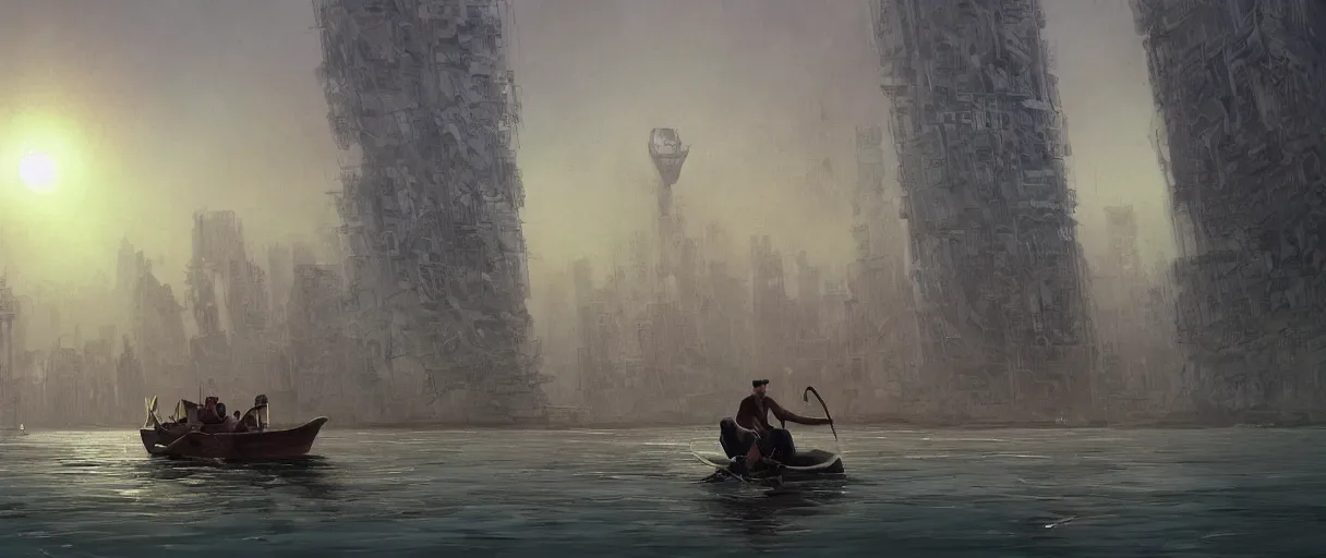 Prompt: a man in a makeshift boat traveling the wide canal towards a massive brutalist neon lit skyscraper in a desert wasteland in the style of Rob Lefield and Ralph McQuarrie, Daniel Merriam :.1, trending on artstation, digital art, third person perspective, viewed from below, looking up, wide angle, establishing shot