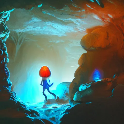 Prompt: an adventurer finding a mystical cave with huge magical mushrooms, glowing blue, a stream of water, dark rocks, shadows, atmospheric, very detailed, cold blue light, artstation