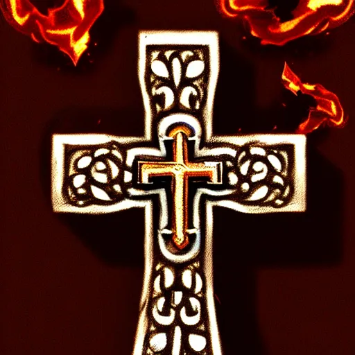 Image similar to intricate detail of a cross embeded in a stone with fire sparkles around, concept art, highly detailed, artstation, cinematic,