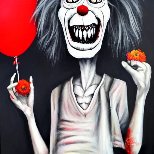 Image similar to grunge painting of david dobrik with a wide smile and a red balloon by chris leib, loony toons style, pennywise style, corpse bride style, horror theme, detailed, elegant, intricate