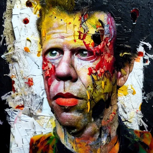 Image similar to hyperrealistic, photorealistic, mixed media oil painting of tom waits, magazine scraps, plaster, blood, oil, mustard, splatter, greg rutkowski, basquiat, ralph steadman, wesley kimler, terry gilliam, andy warhol, dali