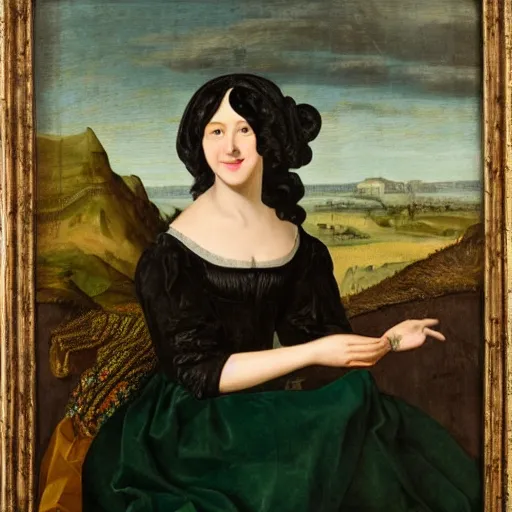 Prompt: young woman from the year 1 5 0 0, seated in front of a landscape background, her black hair is fine curly, she wears a dark green dress pleated in the front with yellow sleeves, puts her right hand on her left hand and smiles slightly, oil painting