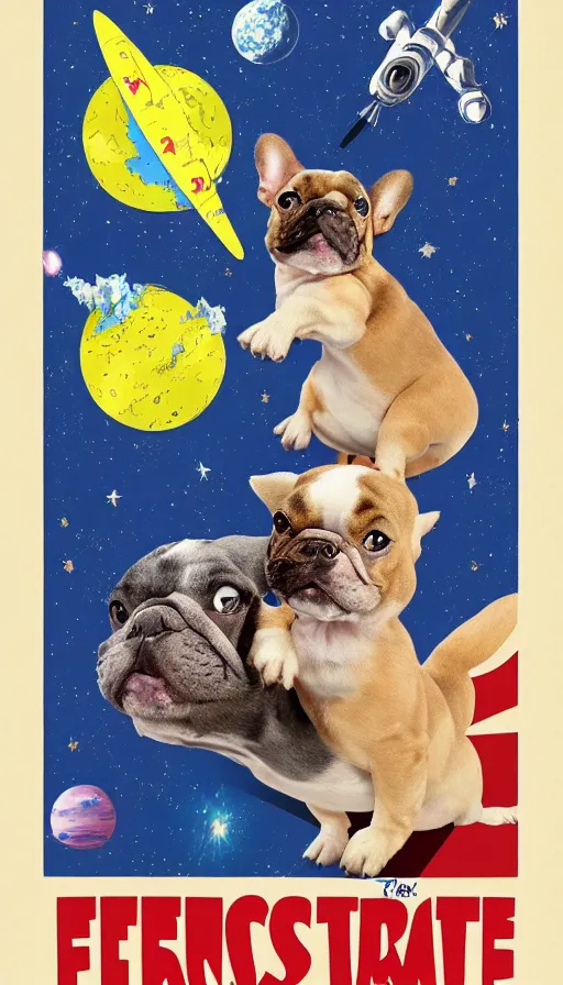 Image similar to movie poster of french bulldogs as astronauts, highly detailed, hyper realistic, large text, bright colours