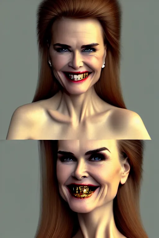 Image similar to mix of beautiful young maria shriver, mariel hemmingway, brooke shields, nicole kidman and elle macpherson as a vampire showing vampire teeth, ready to bite, thin lips, hair tied up in a pony tail, dark blonde hair, colorful, deviantart, artstation, cgsociety