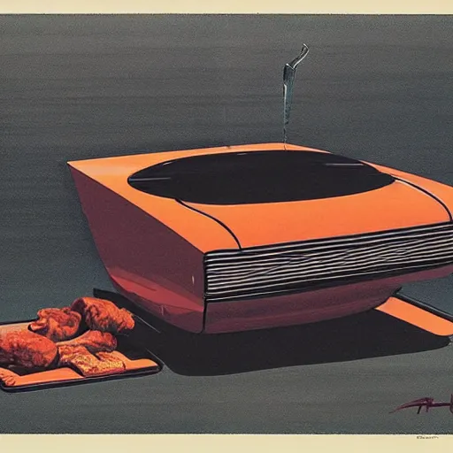 Image similar to concept art for a car with meat smoker trunk, illustrated by syd mead, high quality