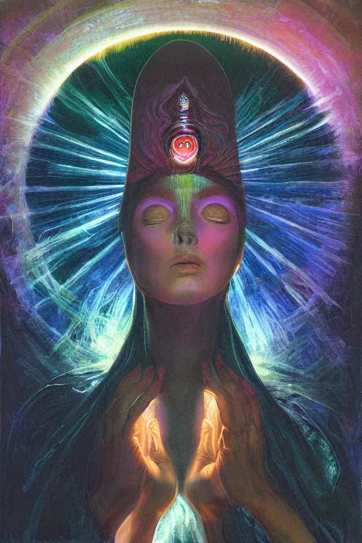 Image similar to gorgeous robed cult girl performing realism third eye ritual, positive dark theme night time, expanding energy into waves into the ethos, epic surrealism 8k oil painting, portrait, depth of field, perspective, high definition, post modernist layering, by Ernst Fuchs, Gerald Brom