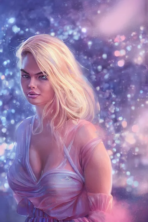 Prompt: an insanely detailed close up portrait of a beautiful blonde haired woman who looks like kate upton and margot robbie, blue dress, holding nikon camera, large fountain in background bokeh, in the style of peter mohrbacher, artgerm, dramatic lighting and composition, pink fog background, octane render, trending on artstation, concept art 8 k