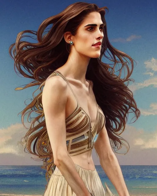 Image similar to beautiful ,allison williams standing in front of a beach, intricate, stunning, highly detailed, digital painting, artstation, concept art, smooth, sharp, focus, illustration, art by artgerm and greg rutkowski and alphonse mucha