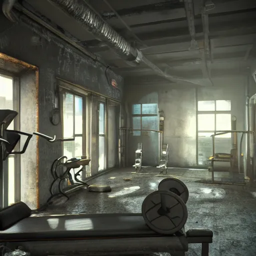Prompt: fallout concept art gym interior render grim realistic lighting unreal engine 5