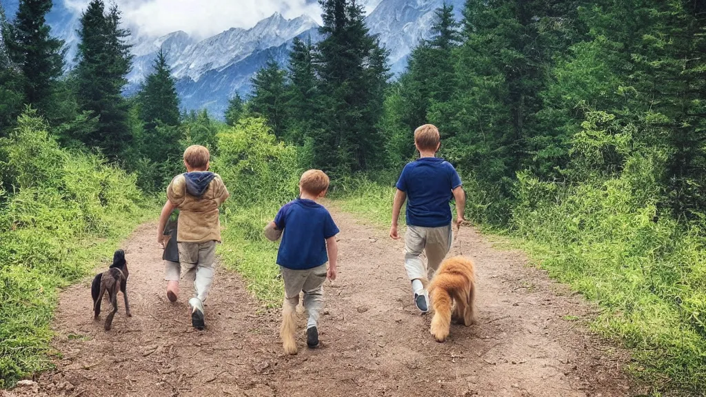 Image similar to “ one young boy in the middle of his parents, walk on a trail in forest, one golden retriever running happily, mountains in the background, highly detailed ”