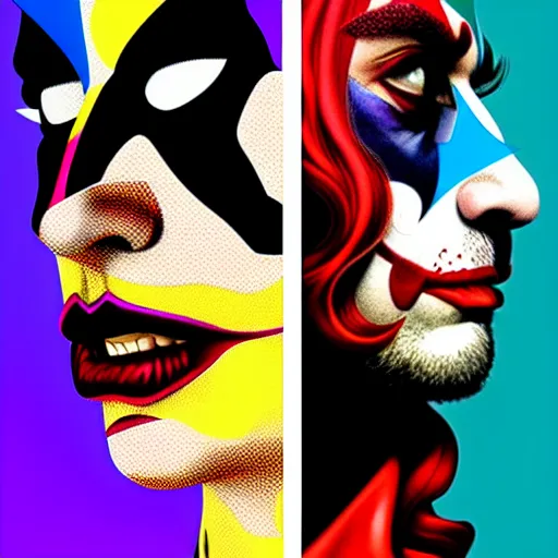 Image similar to richard hamilton and mimmo rottela as lady gaga harley queen and joaquin phoenix joker couple, pop art, 2 color, left and right align, object details, dynamic composition, 4 k, ultra realistic art, smooth, sharp focus, illustration, concept art, intricate details, h 7 6 8