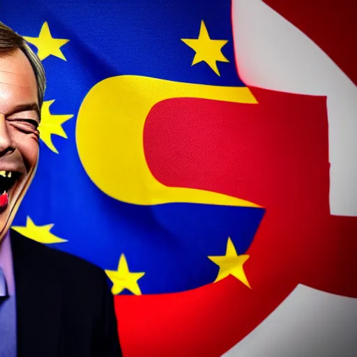 Image similar to nigel farage laughing holding burning eu flag, studio photograph, hd, studio