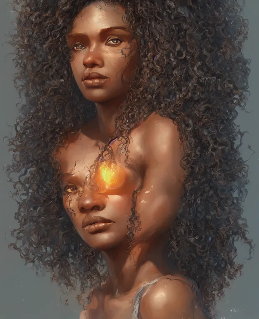 Prompt: portrait of a brown skinned woman, she has beautiful opal eyes, long black curly hair, cgsociety, hyperdetailed, artbreeder, painted by wlop and greg rutkowski, volumetric sunlight, beautiful, artstation, octane render, sharpness, 8 k, golden ratio