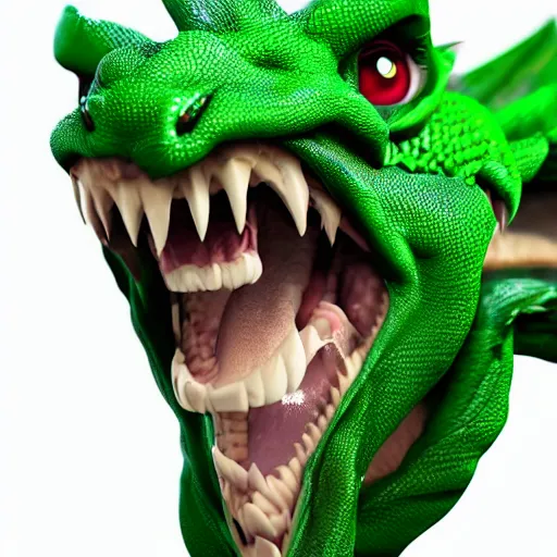 Prompt: green dragon, smiling, studio shot, volumetric lighting, 8 k, real life picture, realistic, hyperdetailed, no blur, shadows