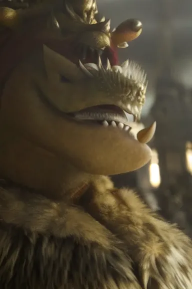 Image similar to very very intricate photorealistic photo of bowser in an episode of game of thrones, photo is in focus with detailed atmospheric lighting, award - winning details