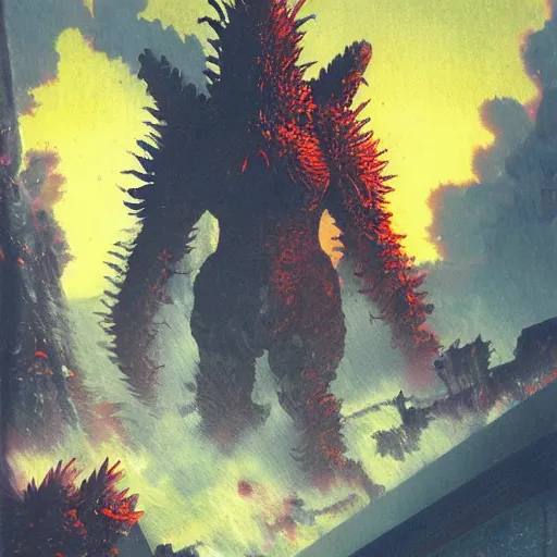 Prompt: a large anthropomorphic godzilla shaped mecha by paul lehr and moebius