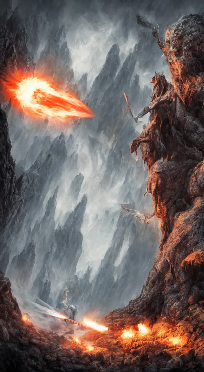 Image similar to gandalf shooting a balrog with a rocket launcher on the bridge of khazad dum, dark, fiery, mines of moria, lord of the rings aesthetic, in style of alan lee, cinematic, cinematic lighting, octane render, highly detailed