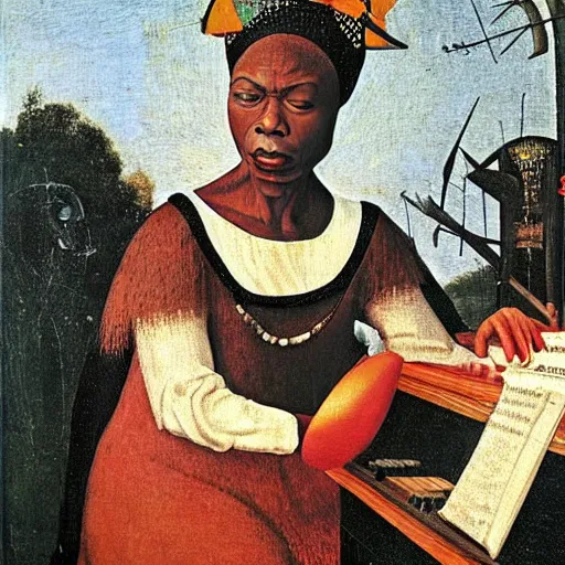 Prompt: nina simone by hieronymus bosch