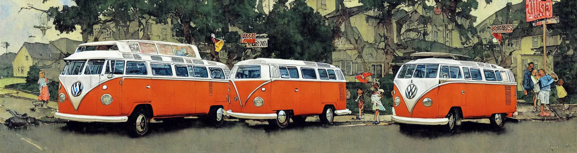 Image similar to vw bus on a street, illustration by norman rockwell